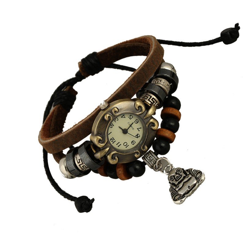 Beautiful Leather Wrap Bracelet Quartz Watch (Buddah Design)