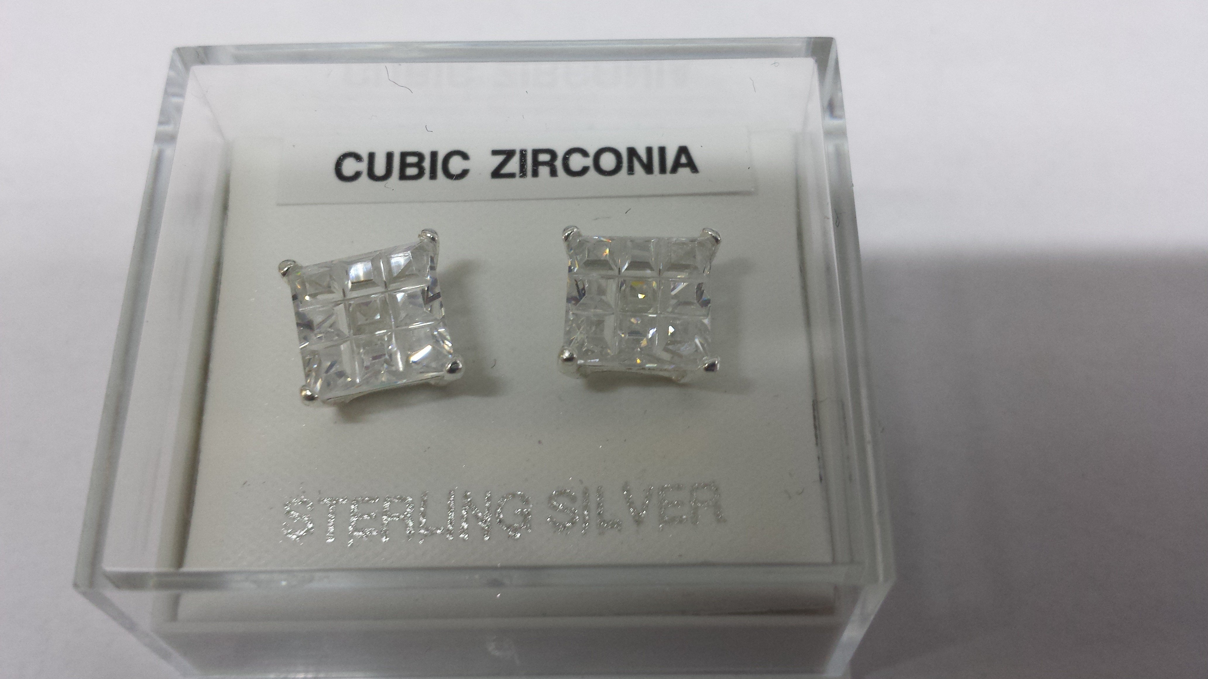 Pair of 9mm Square Sterling Silver Cubic Zirconia Table Design Studs (135)