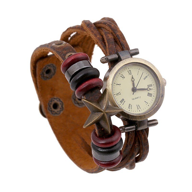 Beautiful Leather Wrap Bracelet Quartz Watch (Five Point Star Design)
