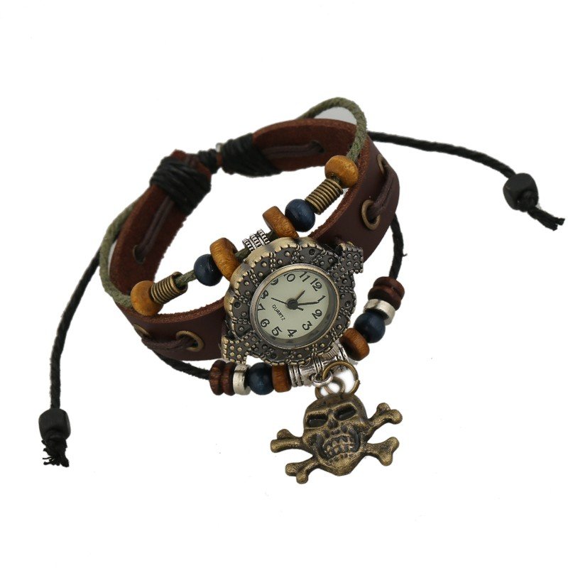 Beautiful Leather Wrap Bracelet Quartz Watch (Pirate Cross Bone Design)