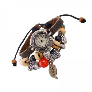 Beautiful Leather Wrap Bracelet Quartz Watch (Bronze Leaf Design)